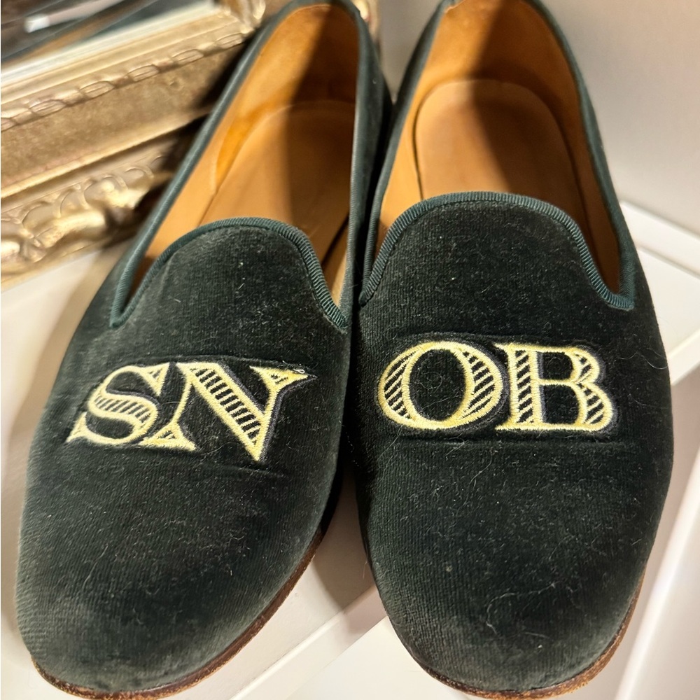 Green Velvet Loafers with Embroidered Letters